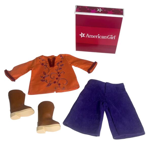 American Girl Doll Julie Casual Outfit Tunic Top Purple Gauchos Pant Boots Box - Picture 8 of 10